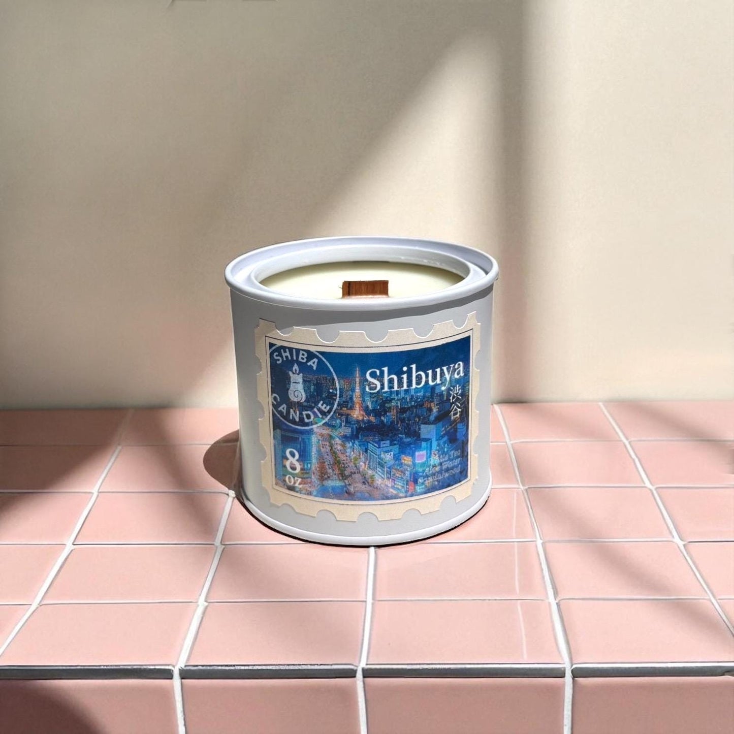 Shibuya | White Tea Cedar + Aloe Vera + Musk |Vegan Scented Candles with Hand Drawing Image | Japan Trip Series | Wood Wick | ASMR Candle
