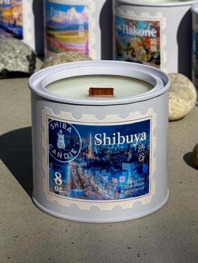 Shibuya | White Tea Cedar + Aloe Vera + Musk |Vegan Scented Candles with Hand Drawing Image | Japan Trip Series | Wood Wick | ASMR Candle