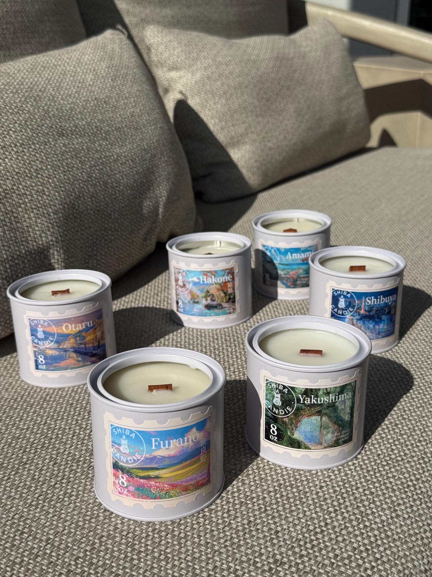 Shibuya | White Tea Cedar + Aloe Vera + Musk |Vegan Scented Candles with Hand Drawing Image | Japan Trip Series | Wood Wick | ASMR Candle