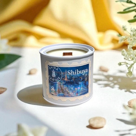 Shibuya | White Tea Cedar + Aloe Vera + Musk |Vegan Scented Candles with Hand Drawing Image | Japan Trip Series | Wood Wick | ASMR Candle
