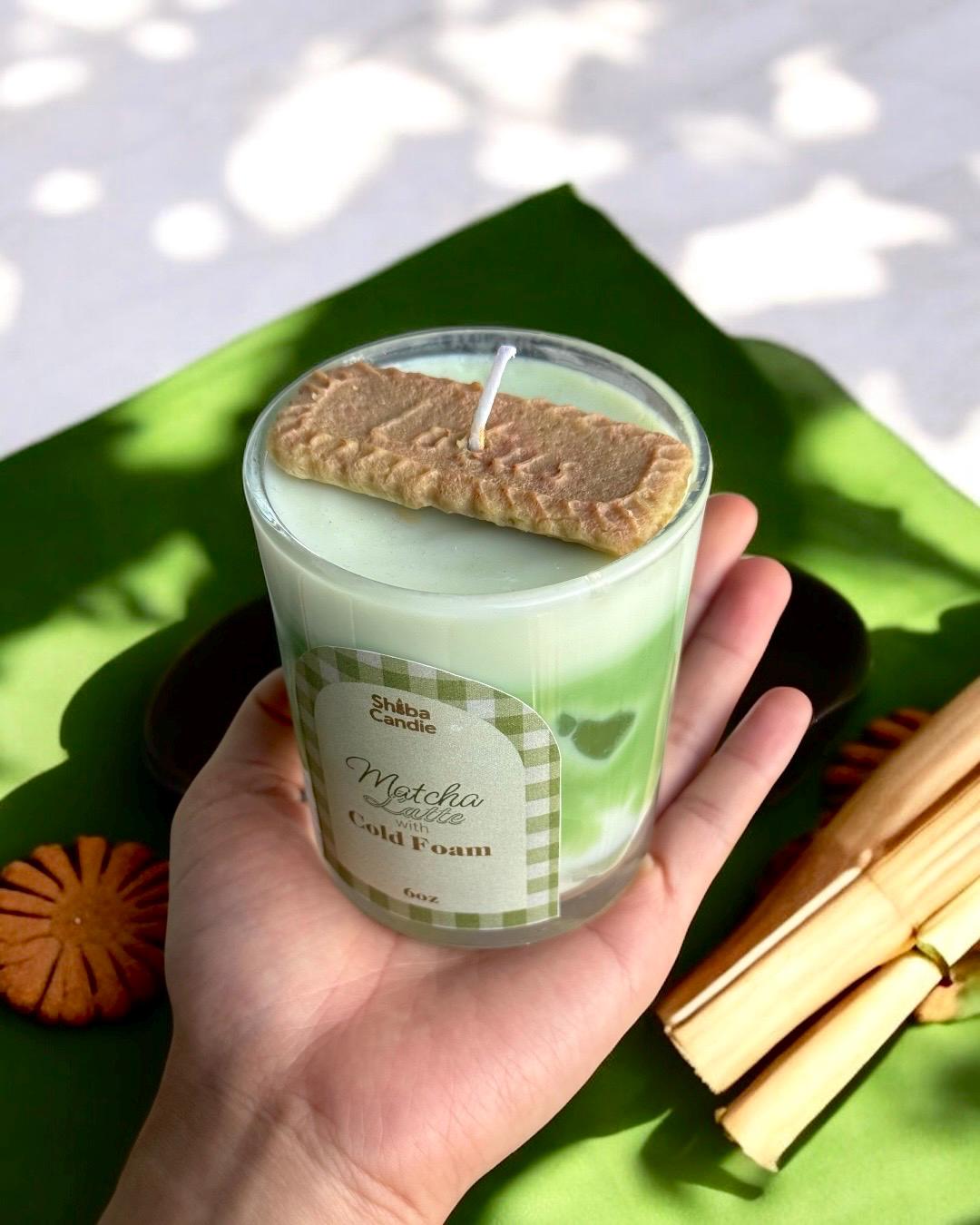Matcha Latte with Cold Foam Candle: Hand-Poured Soy Mixed Wax, Green Tea × Vanilla Scent (etsy image id: 7484487261)
