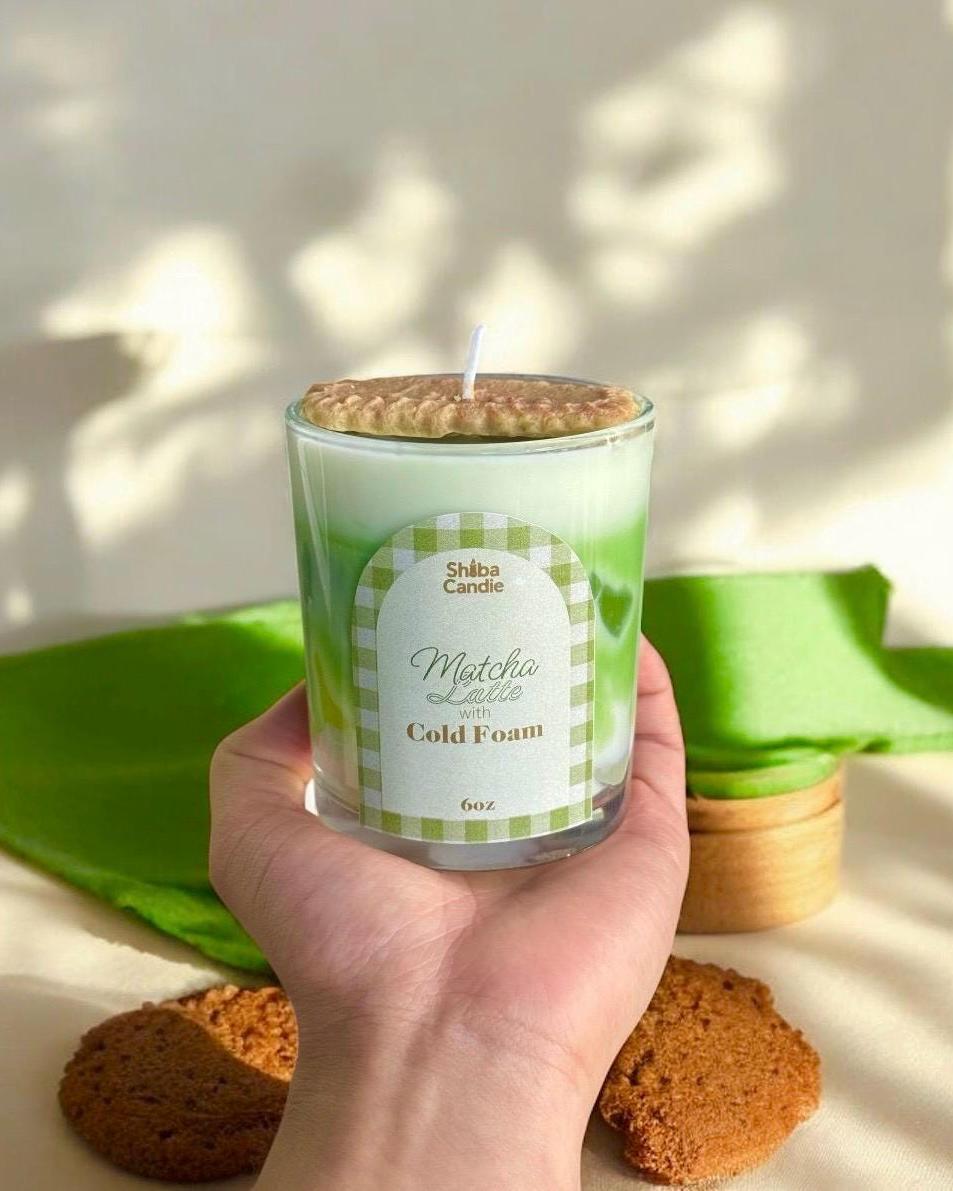 Matcha Latte with Cold Foam Candle: Hand-Poured Soy Mixed Wax, Green Tea × Vanilla Scent (etsy image id: 7484490851)