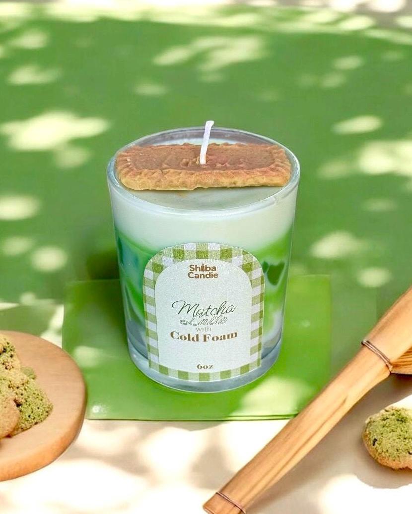 Matcha Latte with Cold Foam Candle: Hand-Poured Soy Mixed Wax, Green Tea × Vanilla Scent (etsy image id: 7484491481)